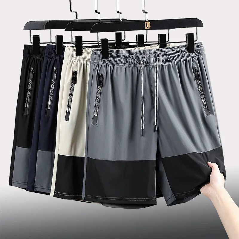 Men's Sports Casual Shorts Quick Dry Breathable Fitness Shorts Zipper Pockets Ice Silk Thin Gym Loose Drawstring Big Size 6xl