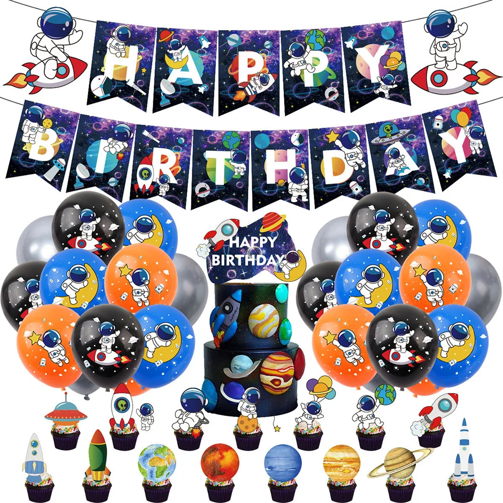 

Rocket Astronaut Cake Topper Banner Balloon Set For Outer Space Birthday Party Decorations