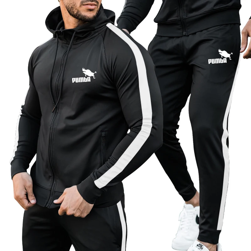 Autumn and winter men's casual fitness hair clothes men's color matching trendy hoodie sports pants suit