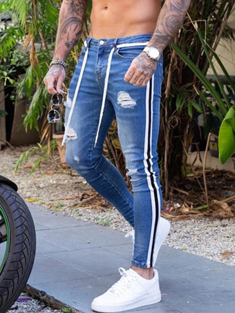 

Потертые джинсы-карандаш с эффектом потертости, джинсы в стиле хоп, джинсы в уличном стиле, рваные байкерские облегающие брюки в полоску в стиле хип-хоп для мужчин