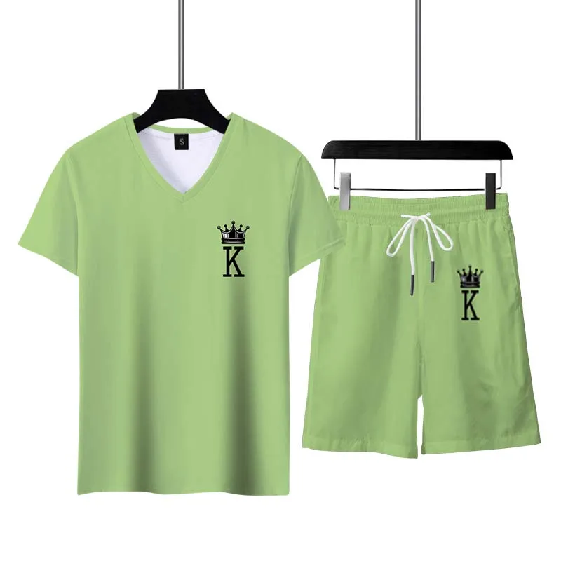 Summer Men's Tracksuit Casual Short Sleeve Solid Color Crown K A3D Print Outfit V- Neck Male T-shirt Sportswear Comfortable Top