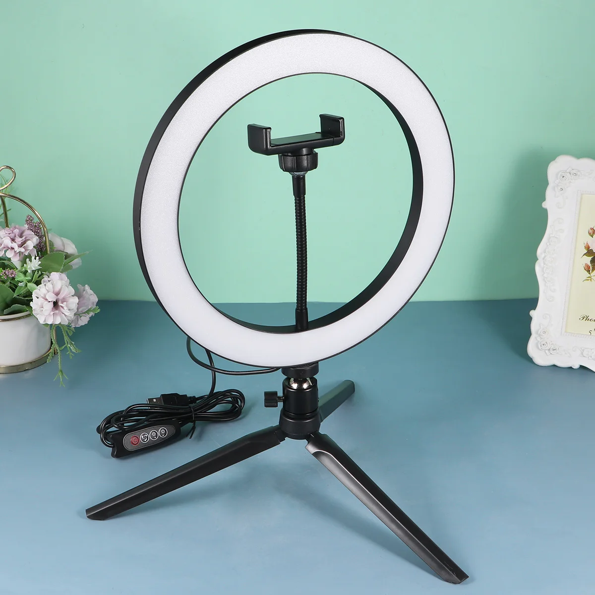 

3PCS/Set 26cm Desktop USB Fill Lamp Beauty Ring LED Lamp Filling Light with Mini Steaming Tripod Holder for Photography (Black)