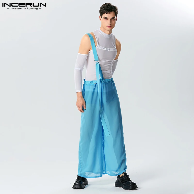 

INCERUN 2023 American Style Men Fashion Jumpsuits Solid See-through Mesh Bodysuit Casual Hot Selling Male Wide Leg Rompers S-5XL