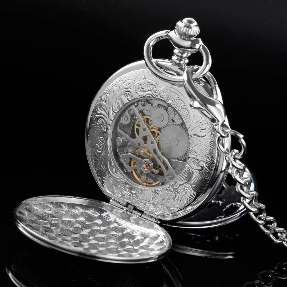 Deer Sculpture Double-Open Pocket Watch Mechanical Men's Hand Style Steam Punk Necklace Fob Watch Chain Roman Digital Clock Gift