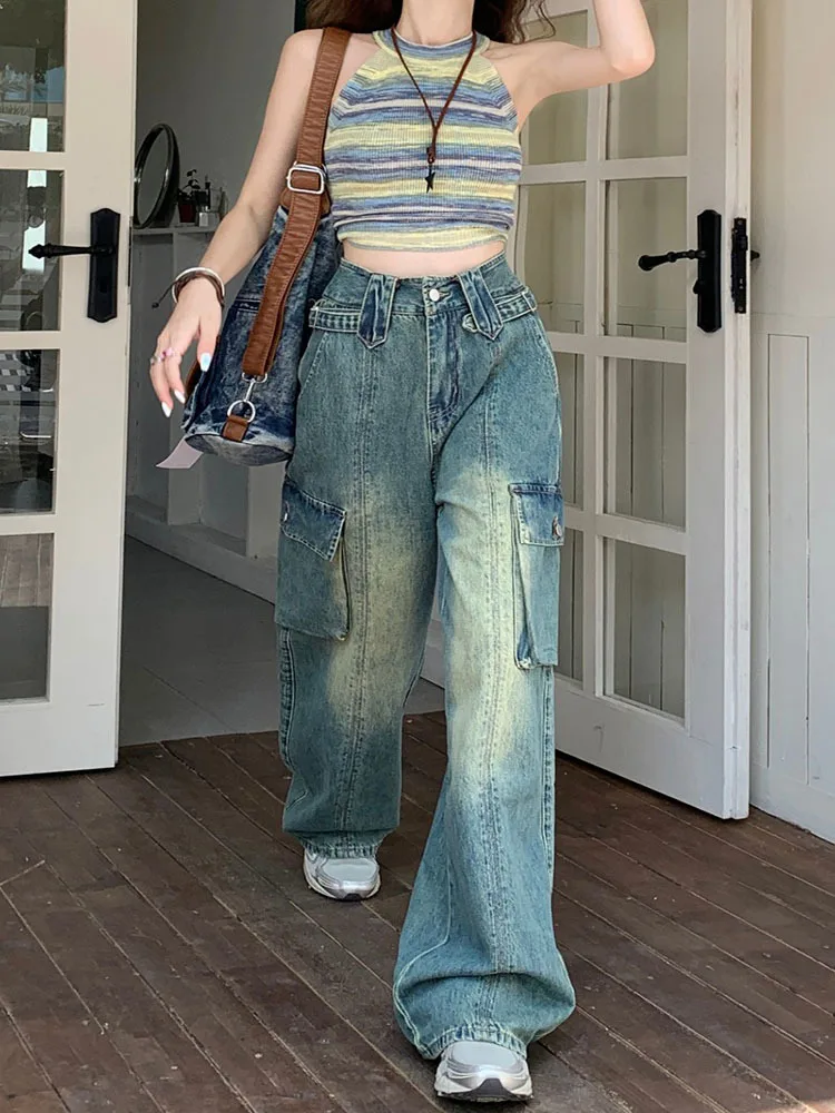 

Женские джинсы с завышенной талией, синие прямые джинсовые брюки-карго свободного покроя, повседневные Модные брюки, уличная одежда Y2k на лето, 2023