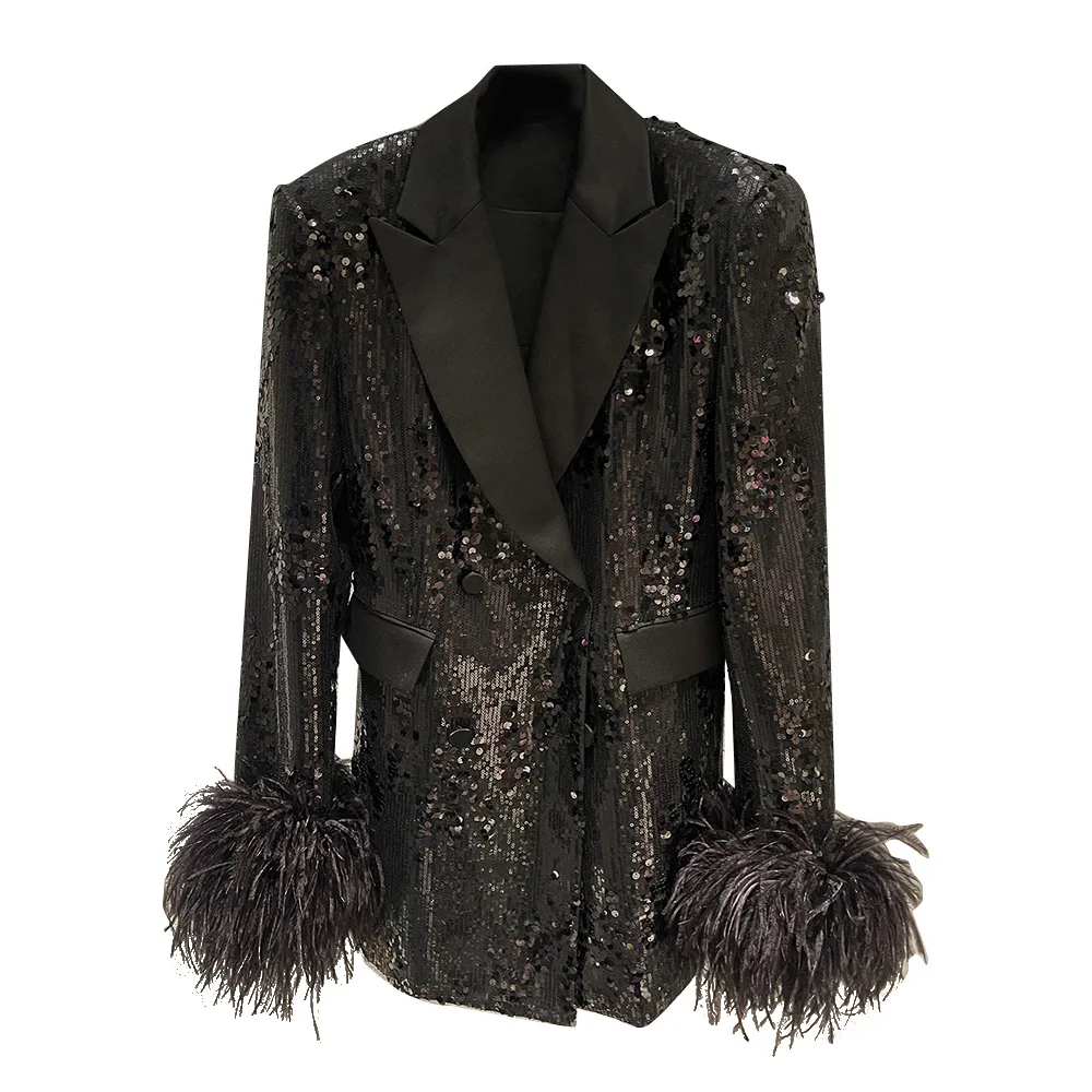 

M GIRLS Sequins Black Blazer For Women Notched Collar Long Sleeve Patchwork Feathers Cuff Solid Blazers Female Clothing New