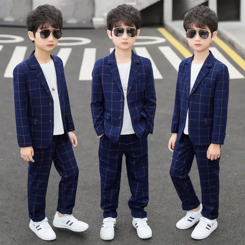 Best Design Suit for Boy Blazers 2021 Autumn Boys Suits Plaid Top + Pants Kids Boys Wedding Suit Wear Children Clothing Sets