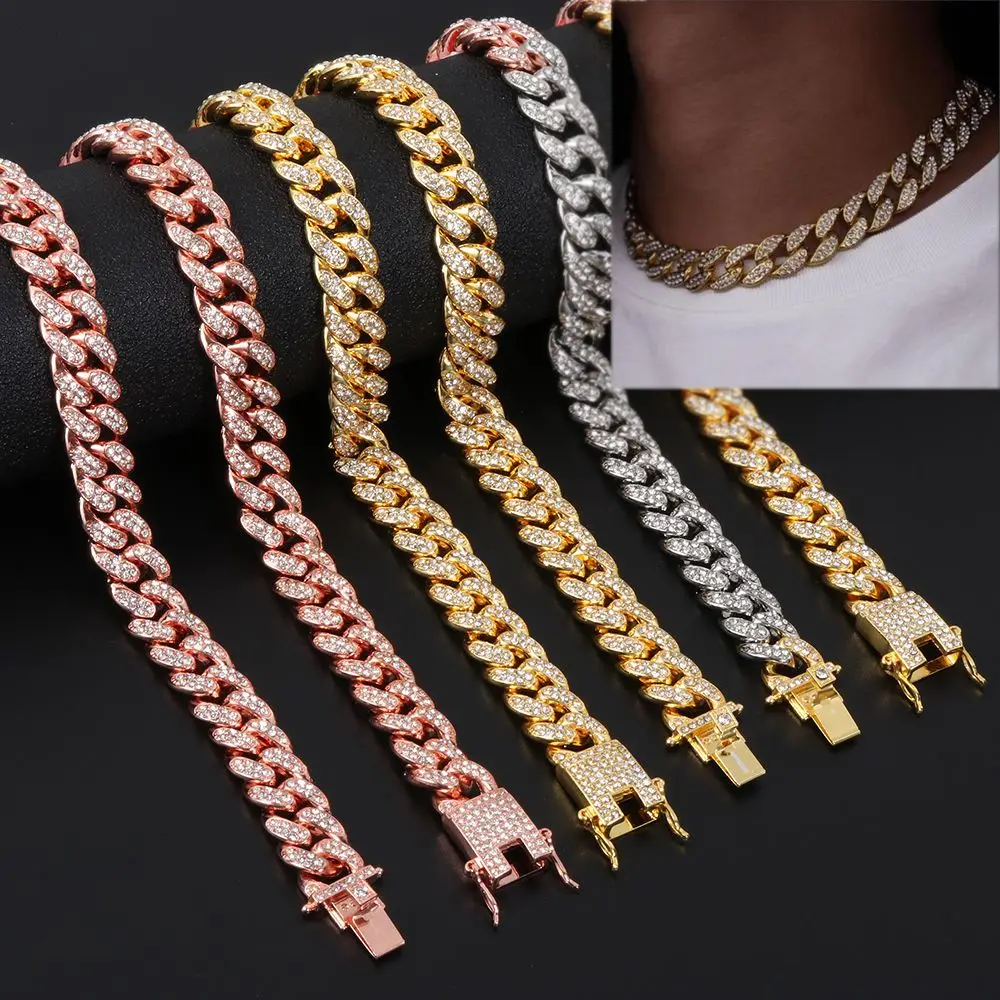 

12mm Width Diamond Women Men Fashion Necklace Link Chain Hip Hop Necklace Inlaid Rhinestone