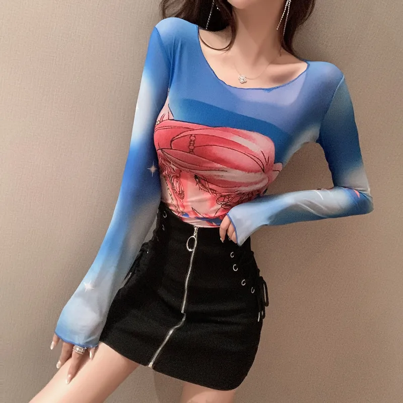 

Summer Transparent Cartoon Mesh Shirt Tee New Fashion Sun Protection Beach Cover Up Top Long Sleeve Slim Sheer Chic T Shirt