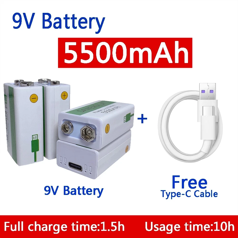 

9V 5500mAh 9V battery li-ion Rechargeable battery Micro USB Battery 9v lithium for Multimeter Microphone Toy +USB charging cable