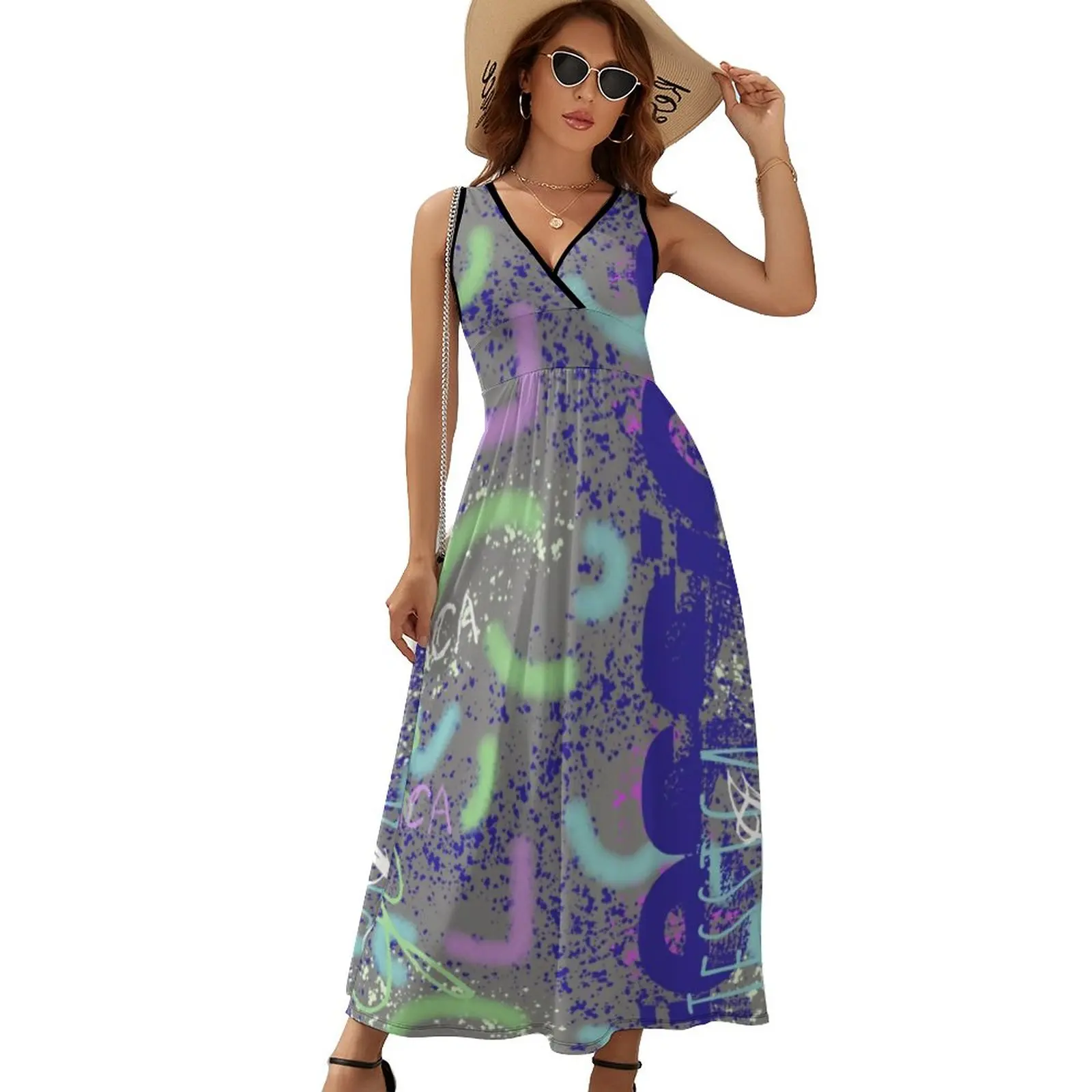 

Colorful Abstract Letters Dress Graffiti Art Print Elegant Maxi Dress V Neck Graphic Boho Beach Long Dresses Big Size Vestidos