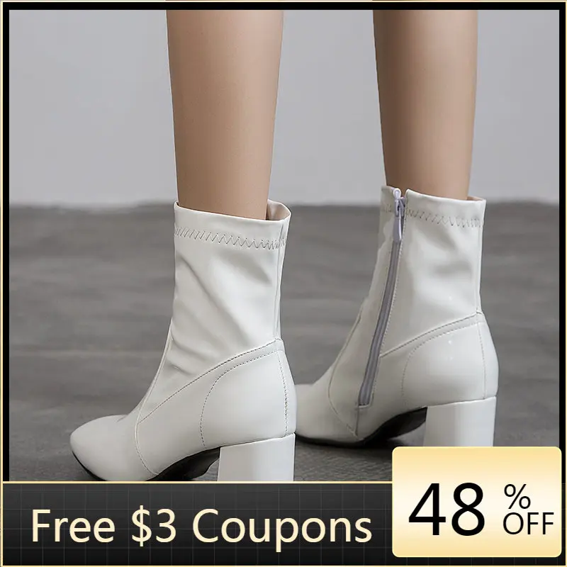 

Classic Black White Ankle Boots for Women Block Low Heel Short Boots Lady Patent Leather Shoes Woman Autumn Winter Large Size 45