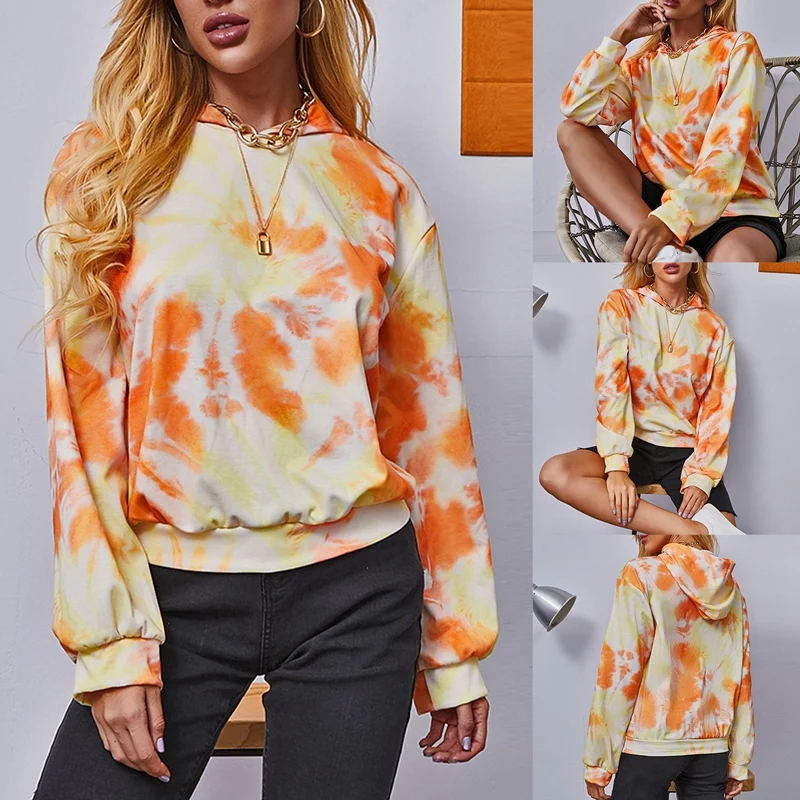 

ASDS-New Tie-Dye Fashion Casual Top Lazy Pullover Hooded Sweater Women's Yellow