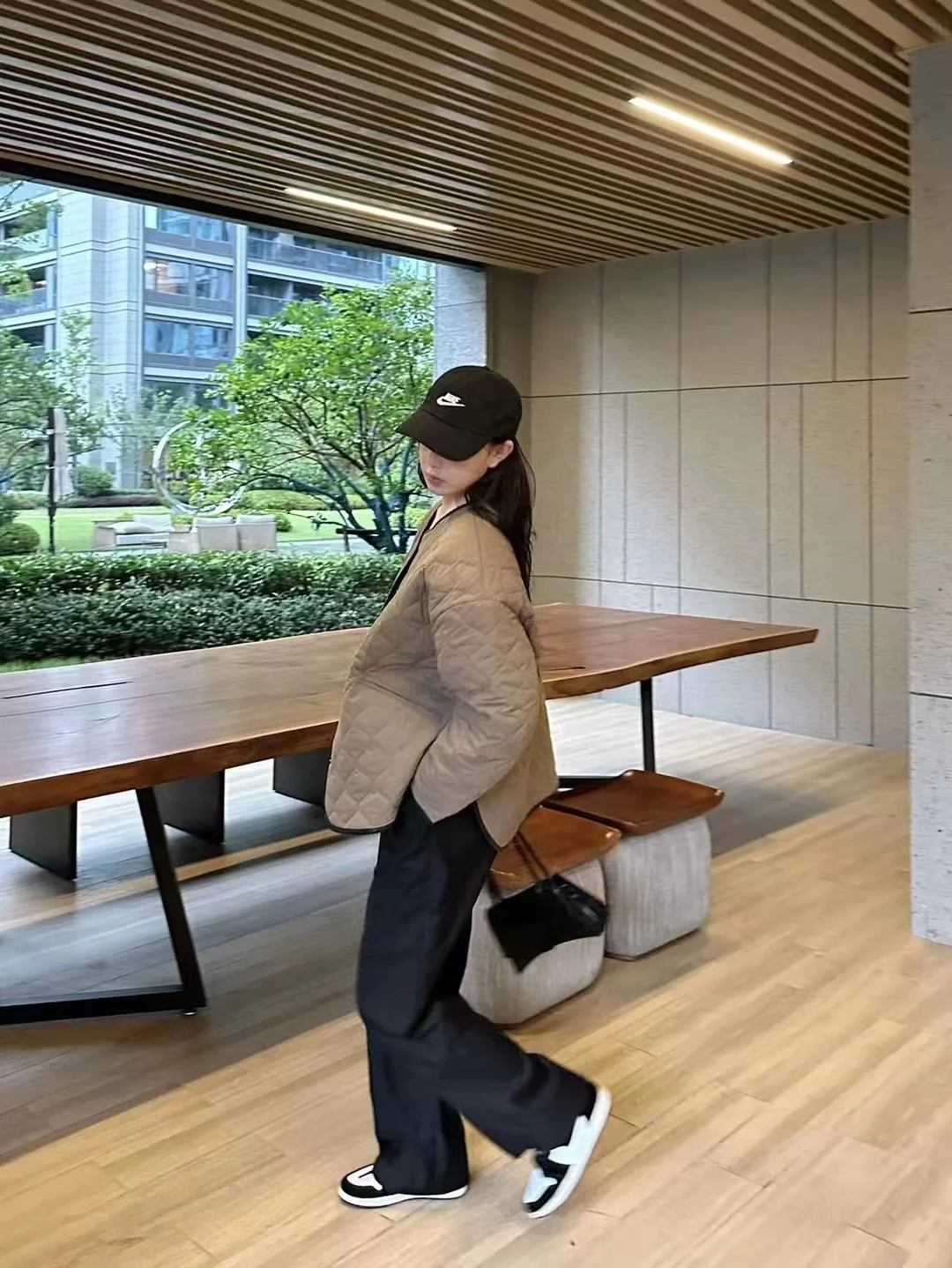 Nordic Small Big Cousin Same Sle Swamp Зеленый ромб Текстура Свободная стеганая куртка с круглым