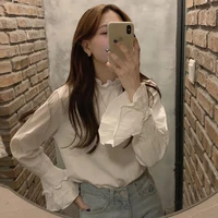 trumpet sleeved solid white shirt women fungus edge hong kong fashion chic early spring top female bouse camisas mujer 2022