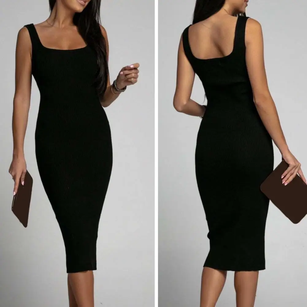 

Женское платье-футляр с квадратным вырезом, однотонное облегающее эластичное платье без рукавов, лето 2022