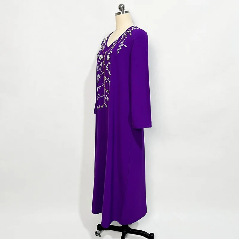 Moroccan Jalabiya Hand Sew Rhinestones Beaded V Neck Full Sleeve Long Dresses for Women Chic and Elegant Gulf Abayas
