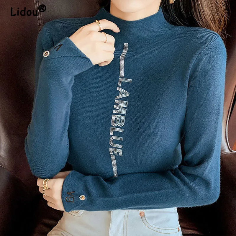 

Autumn Winter Turtleneck Solid Color Diamonds Knitted Pullovers Long Sleeve for Women 2022 New Chic Bottoming Blouse Women's top
