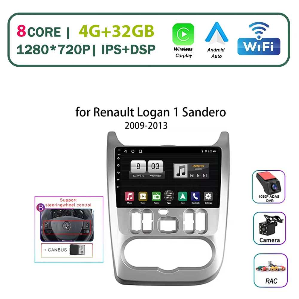 

Автомагнитола 2 Din Android 17, мультимедийный плеер для Renault Logan 1, Sandero 2009-2013, Dacia Duster, с Carplay, 4G, GPS, Bluetooth