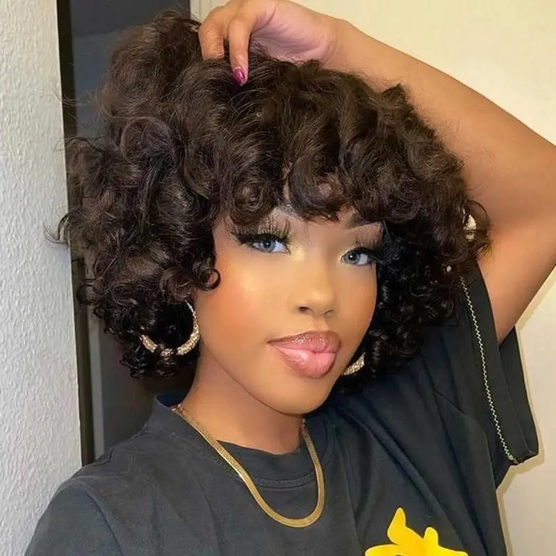Bouncy Curly Short Cut Bob Human Hair Wigs Brazilian Remy Human Hair Loose Bouncy Curly Brown Color Machine Made Wig For Black