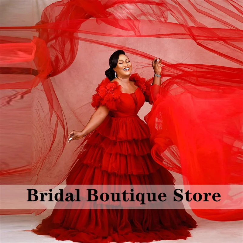 

Extra Puffy African Red Evening Dresses 2022 Tiered Ruffles Formal Prom Dresses For Photoshoot Plus Size Gorgeous Robe De Soiree