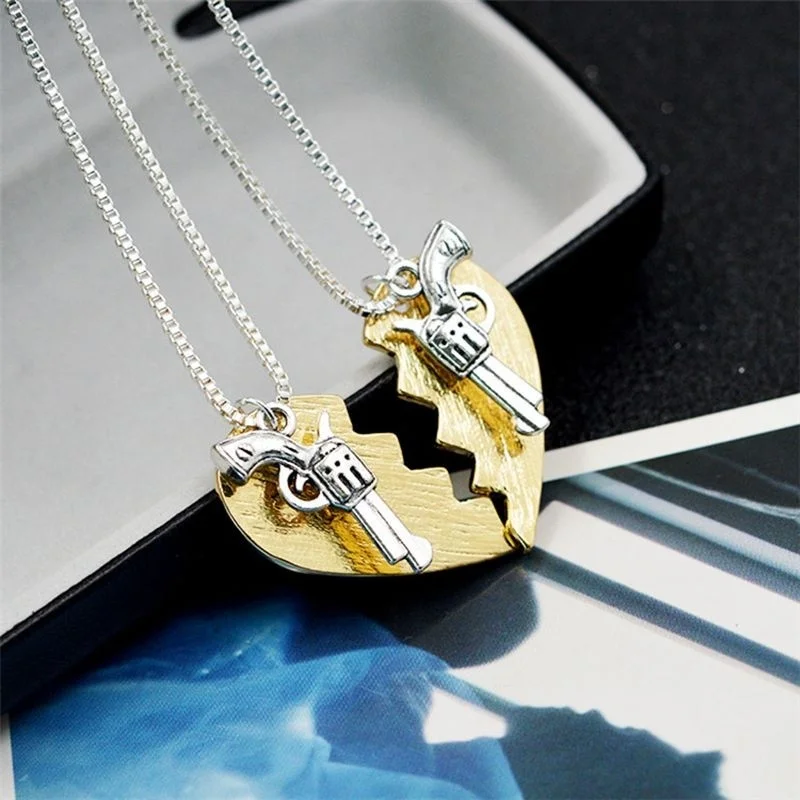 

A Pair of Heart Revolver Pendant Necklace for Couple Bonnie&clyde Two Petal Heart Pendant for Sweetheart Fashion Exquisite Gift