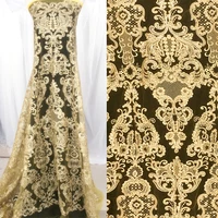 golden yellow european style palace high end fashion sequins embroidery lace fabric wedding dress garment cloth fabric