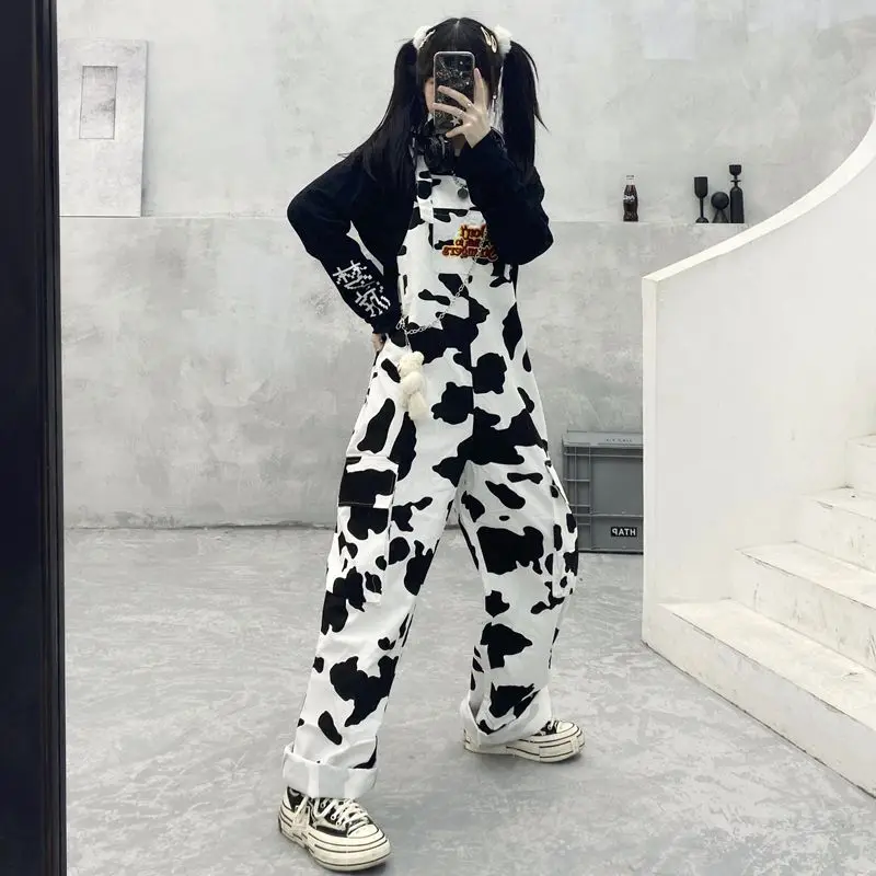 

Мешковатые штаны, женские забавные подтяжки, уличный комбинезон в стиле хип-хоп Harajuku для девочек с коровьим принтом, черно-белый комбинезон в клетку, повседневные брюки