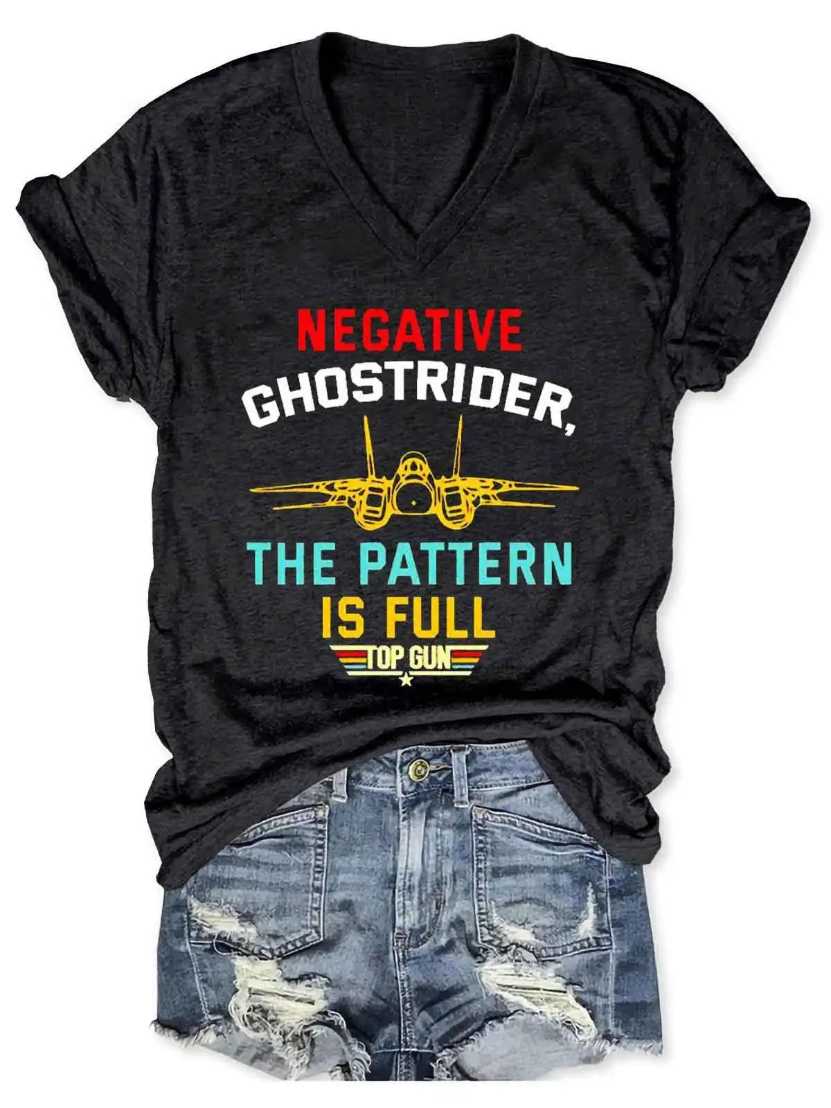 Women's Negative Ghostrider The Pattern Is Full Top Gun V-Neck T-Shirt