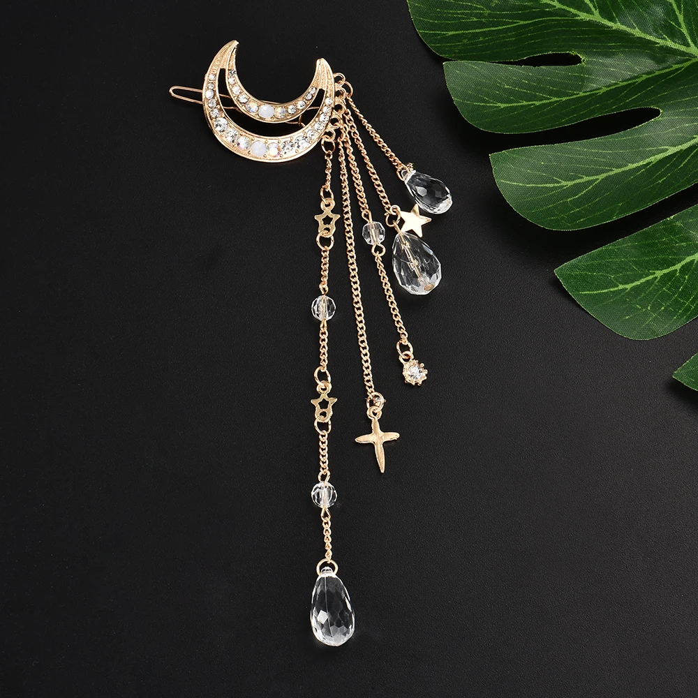 

Classic Moon Hairclip Crystal Tassel Dangle Fringe Hair Clip Hair Accessories Women Bridal Jewelry decoration headpiece