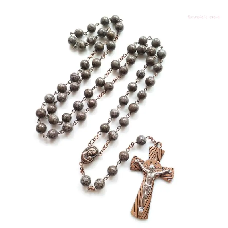 

Natural Alabaster Stone Rosary Necklace with Jesus Christ Crucifix Pendant Long Catholic Religious Jewelry for Men