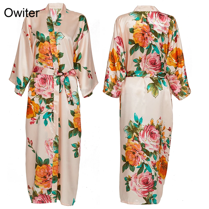 Owiter Long Floral Robe Kimono Blush Pure Silk Satin Flower Bathrobe Night Dress Wedding Robes for Bridesmaids Bride Sleepwear