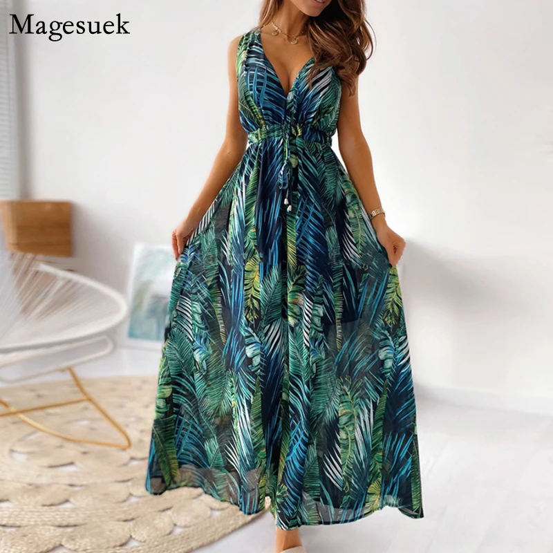 

Женское богемное платье с открытой спиной, винтажное пляжное платье без рукавов с цветочным принтом, длинное Бандажное платье для женщин, лето 21393