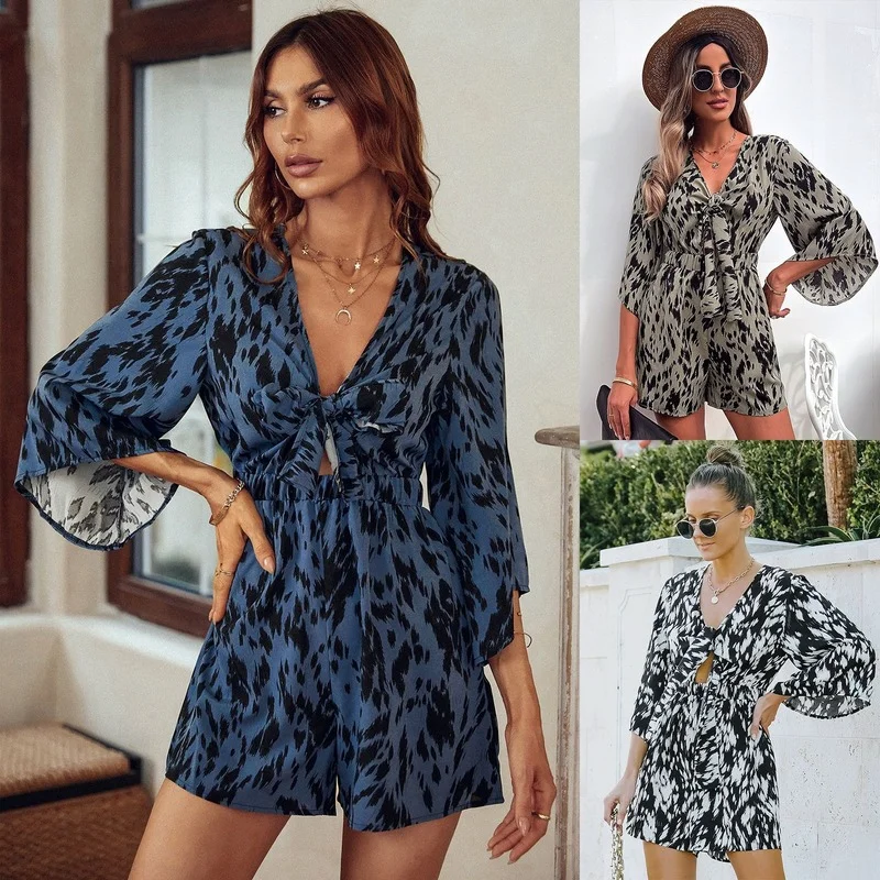 

2022 New Fashion Printed Jumpsuit Women's Beach Casual Bandage Bow V-neck Loose Printed Chiffon Jumpsuit Shorts