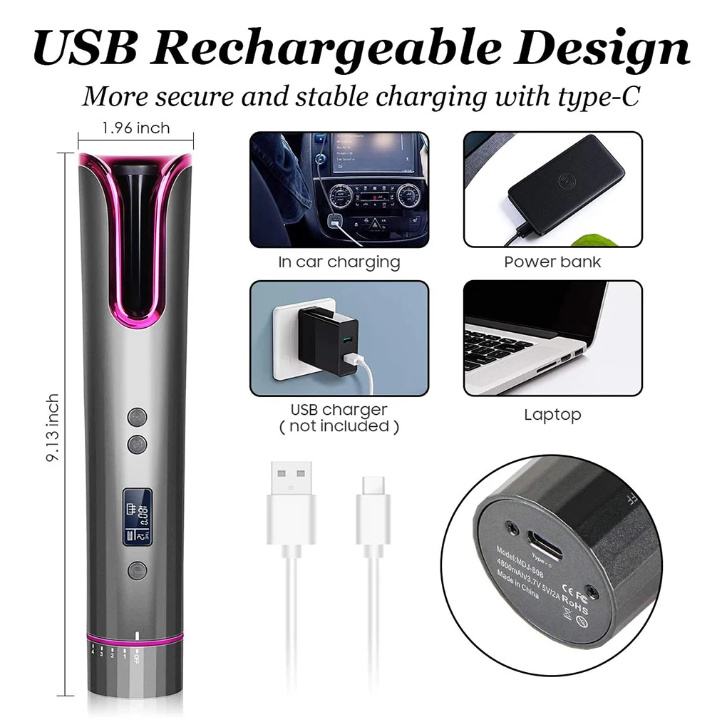 

Щипцы для завивки волос, беспроводные Автоматические щипцы для завивки волос с регулируемым ЖК-дисплеем, зарядка через USB, 2021