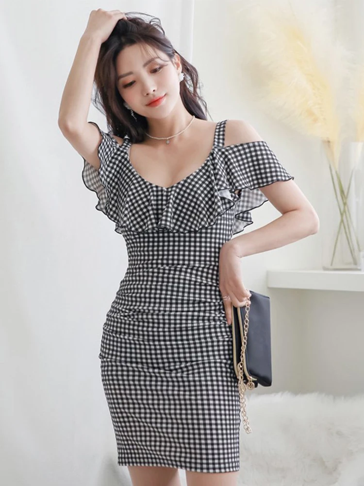 

Korean Fashion Women's Summer Dress Mujer Sweet Holiday Sexy Off Shoulder Ruffles Folds Bodycon Midi Robe Party Prom Vestidos