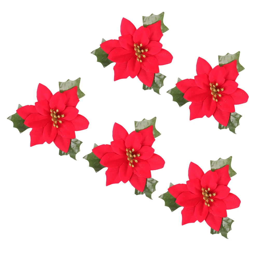 

5 Pcs Faux Poinsettia Flowers Decor Flower Head Artificial Poinsettia Fake Flowers Christmas Glitter Poinsettia