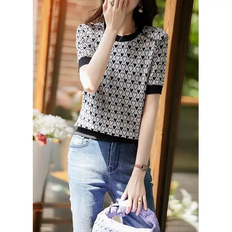 

Милая летняя Корейская версия, новинка, Женский двухсторонний жаккардовый вязаный Ретро-топ с коротким рукавом и надписью «love»
