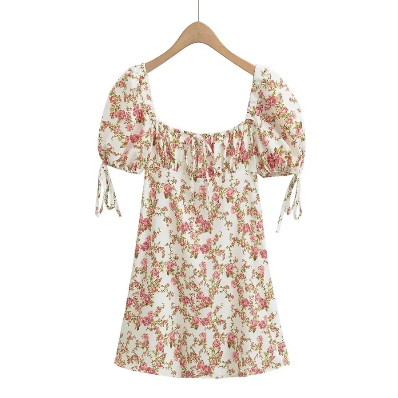 

Spring 2023 new puff short sleeve square neck lace-up floral print dress short skirt