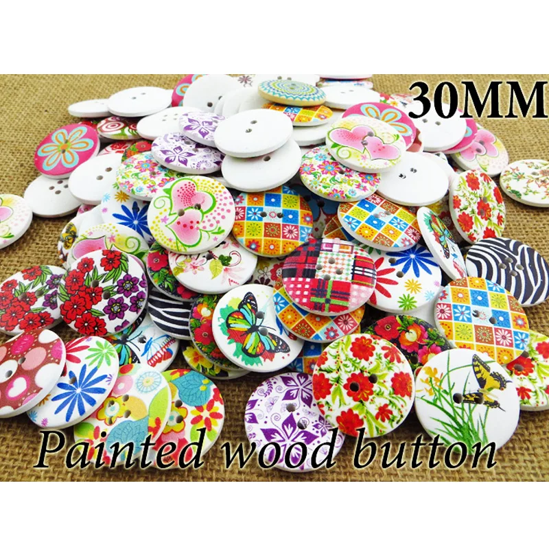 

10PCS Wood Mixed Flower Buttons 30MM Shirt Painting Wooden Clothes Accessory Color Button Round MCB-1016R