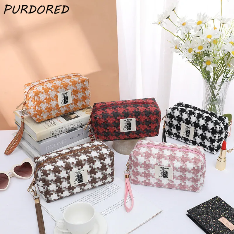 

PURDORED 1 Pc Classical Houndstooth Women Cosmetic Bag Zipper Travel Makeup Bag Large Beauty Case Storage Organizer Pouch
