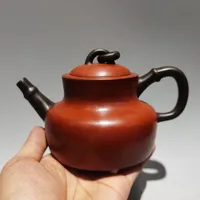 7" Chinese Yixing Zisha Pottery Bamboo double ring pot belly pot kettle teapot flagon red mud office Ornaments Gather fortune