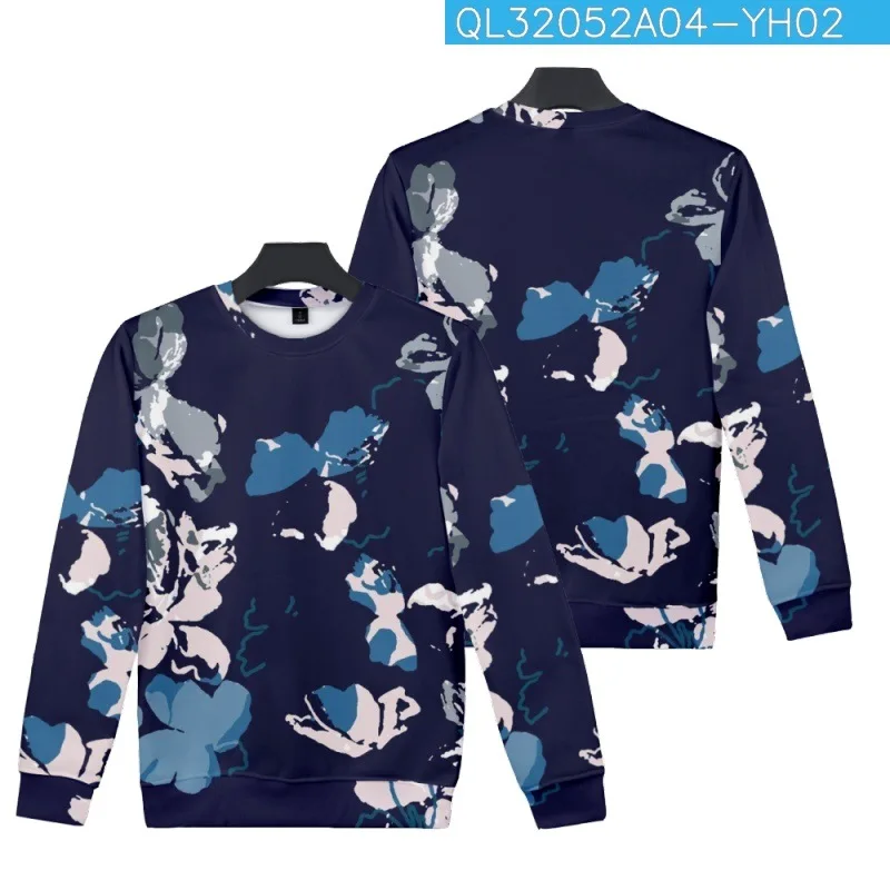 

Fashion Floral Printed Blue Long Sleeve O-Neck Sweatshirt Men Autumn Casual Minimalist Pullover Harajuku Hoodies