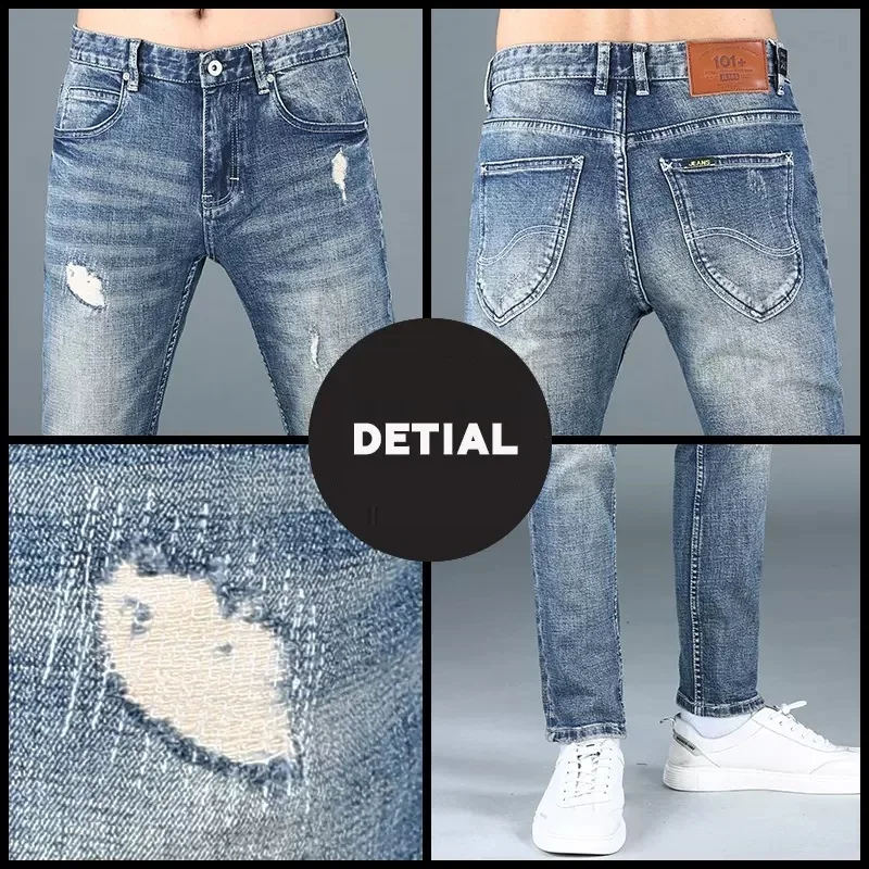 Men Blue Ripped Stretch Jeans Autumn Slim Fit Straight Pants Streetwear Casual Denim Trousers CP2037