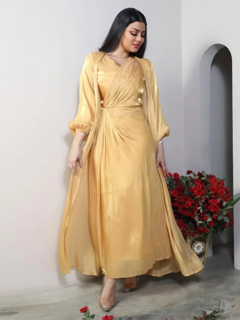 Modest Muslim Moroccan Dubai Abaya Dress Set for Women Fashion Bright Silk Soft Satin 2 Pieces Robe Corban Eid Al Adha 2023 New