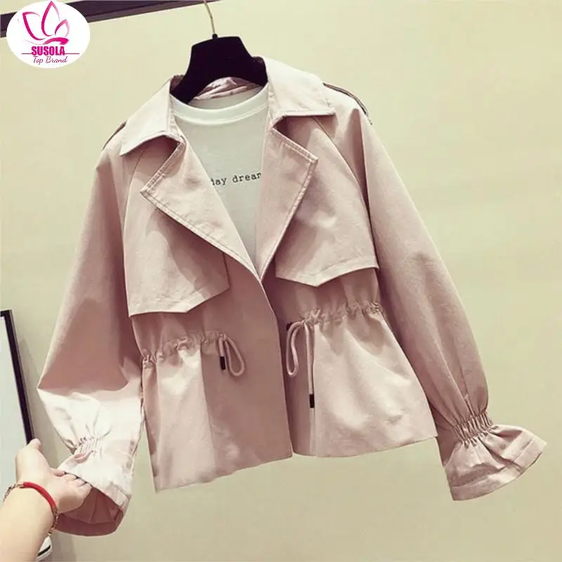 

Women Short Trench Lady New spring Casual Trench Coat with sashes oversize double breasted Vintage Cloak Overcoats Windbreaker