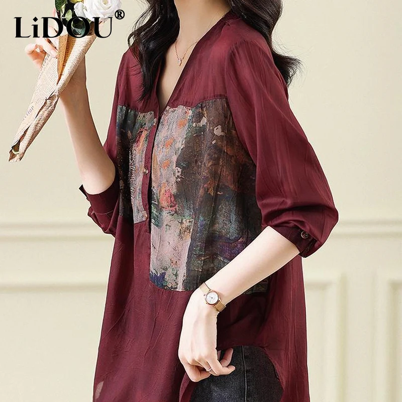 

2023 Spring New Temperament V-neck Long Sleeve Printing Single Breasted Shirt Women Fashion Loose Casual Elegant Chiffon Shirt