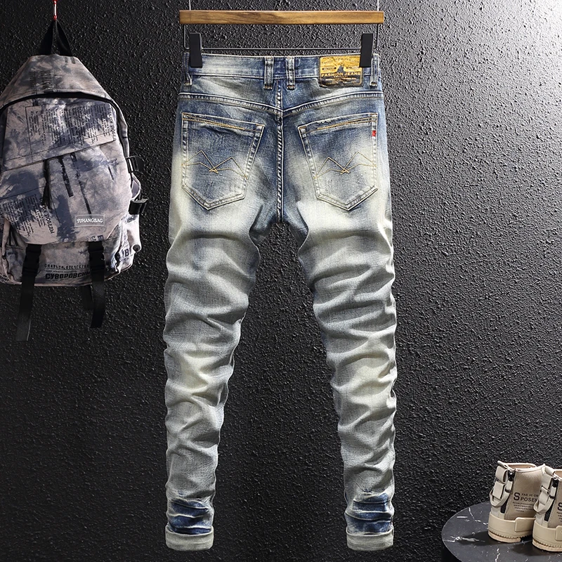 Newly Designer Fashion Men Jeans Retro Blue Elastic Stretch Slim Ripped Jeans Men Patchwork Vintage Casual Denim Pants Hombre