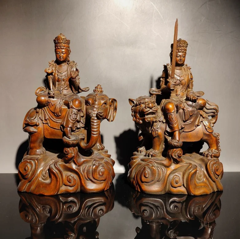 Винтажная деревянная декоративная скульптура Резьба по дереву Буддизм слон лев