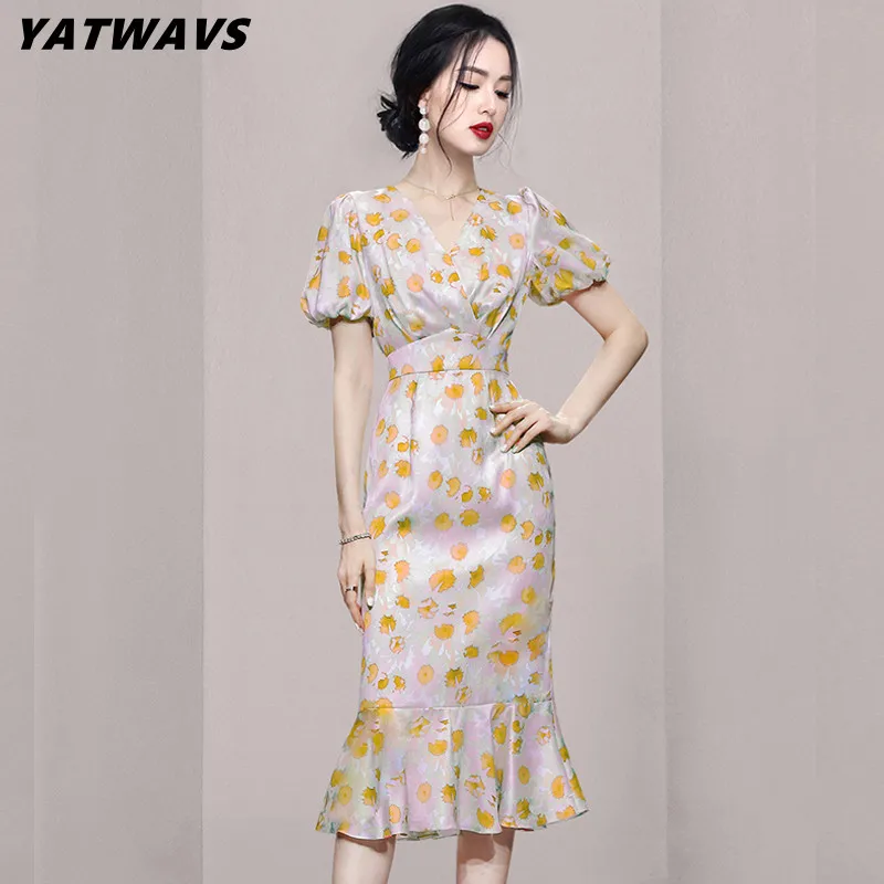 

Summer Floral Print Women Korean Fashion Slim Mermaid Dresses Elegant V-Collar High Waist Folded Female Simple Long Dress